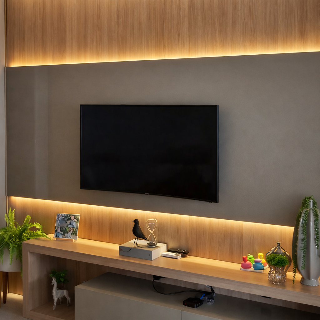 Sala de estar com painel de madeira iluminado, móvel planejado sob a TV e decoração contemporânea.